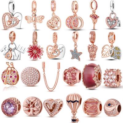 Růžové zlato 925 mincovní stříbro Rodinné srdce Daisy Leaf Přívěsek DIY Charm Korálky Fit Original Charms Náramek Dámské Šperky
