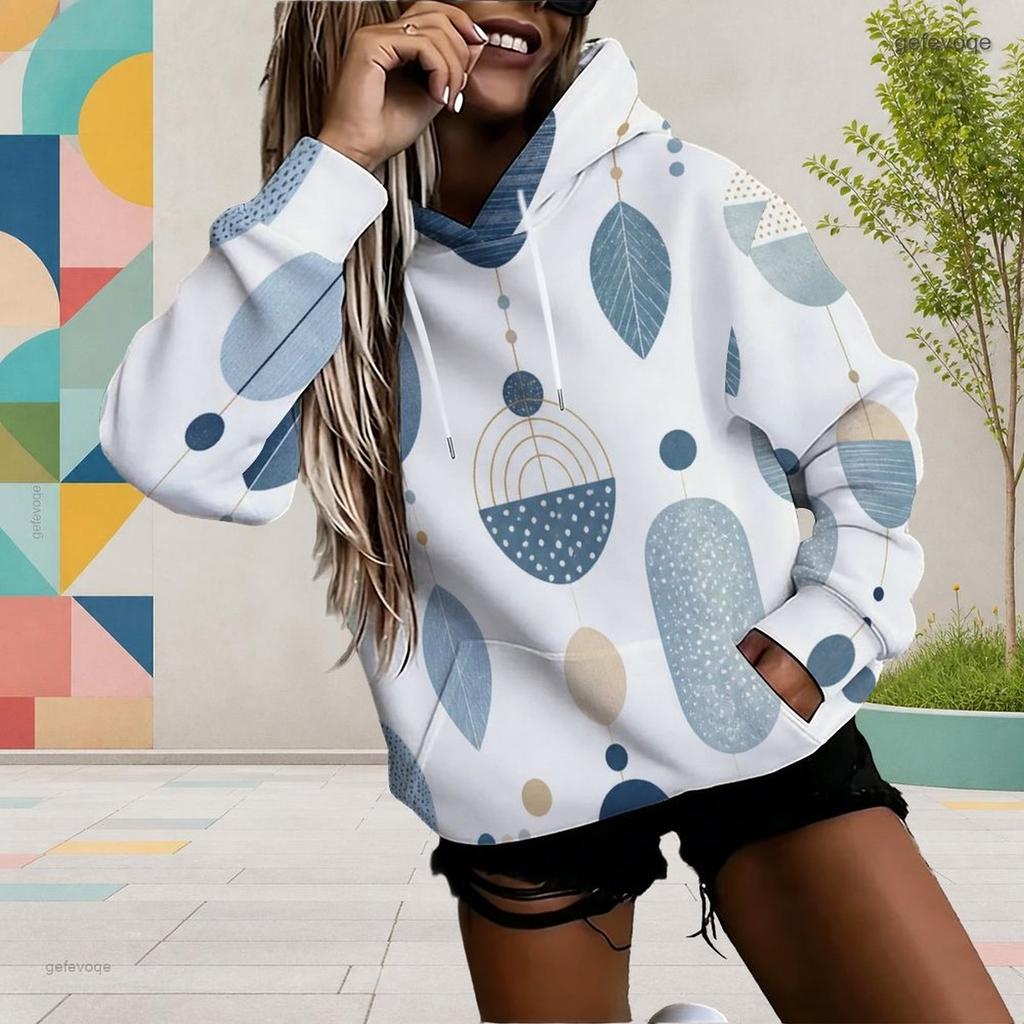 Women Plus Size Abstract Geometric Printed Long Sleeve Drawstring Hood Kangaroo Pocket Pullover Hoodie