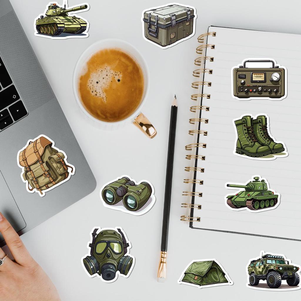 50 Cartoon Military Equipment Stickers for Phone & Computer - Waterproof Decorative Stationery Stickers