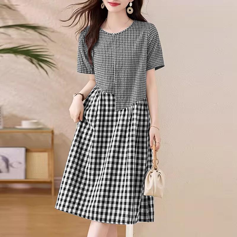 ZANZEA Women Casual Round Neck Short Sleeve Plaid Print Dress