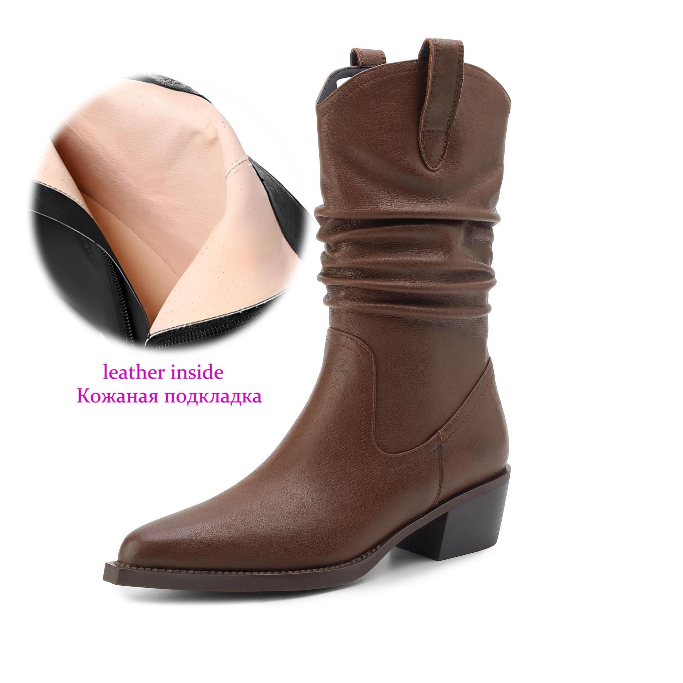 

Krazing Pot Genuine Leather Autumn Winter Shoes Med Heels Size 41 Western Boots Pointed Toe Slip on Ankle Boots 34