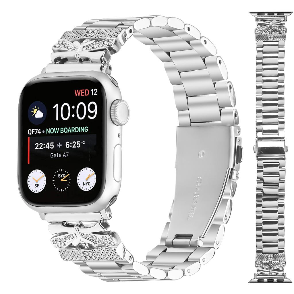 Replacement Strap for Apple Watch Series 11 10 42mm/9 8 7 41mm/SE3 SE2 SE 6 5 4 40mm/3 2 1 38mm Butterfly Rhinestones Decor Silver Watch Band