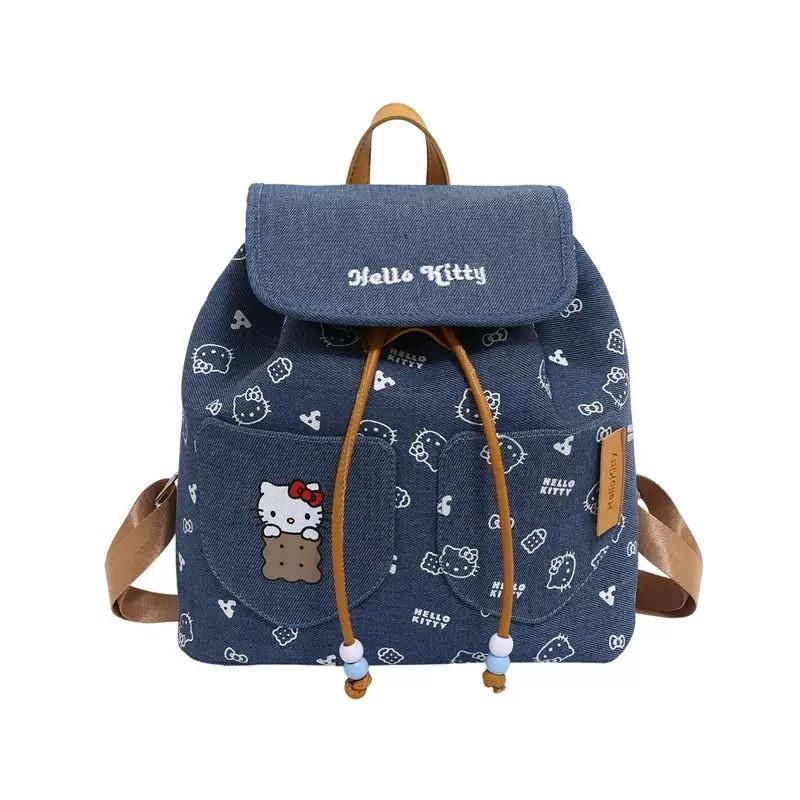 Hello Kitty Kids Backpack With Denim Fabric And Cartoon Design For Daily Use