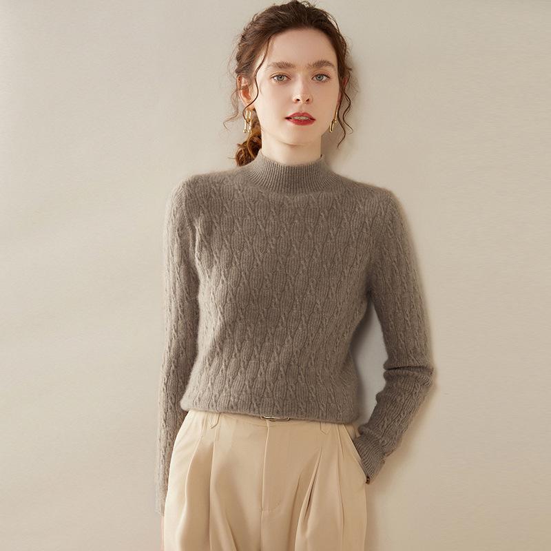 Women's Cashmere Cable Knit Sweater - Half-High Collar, Loose Fit, Autumn/Winter.