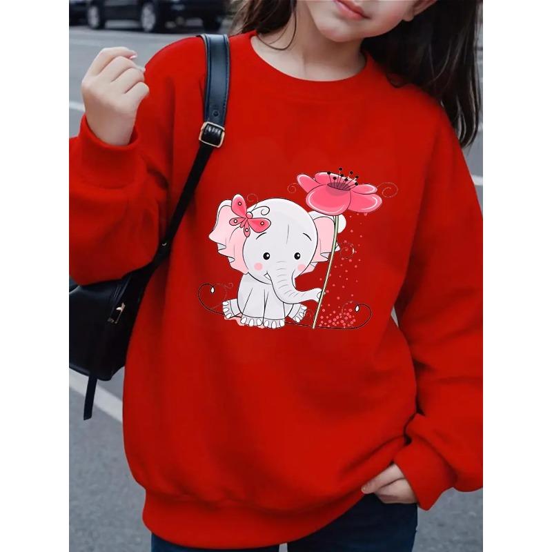 Girls' Crewneck Sweatshirt - Cute Elephant Holding Pink Flower Machine Washable, Spring And Autumn