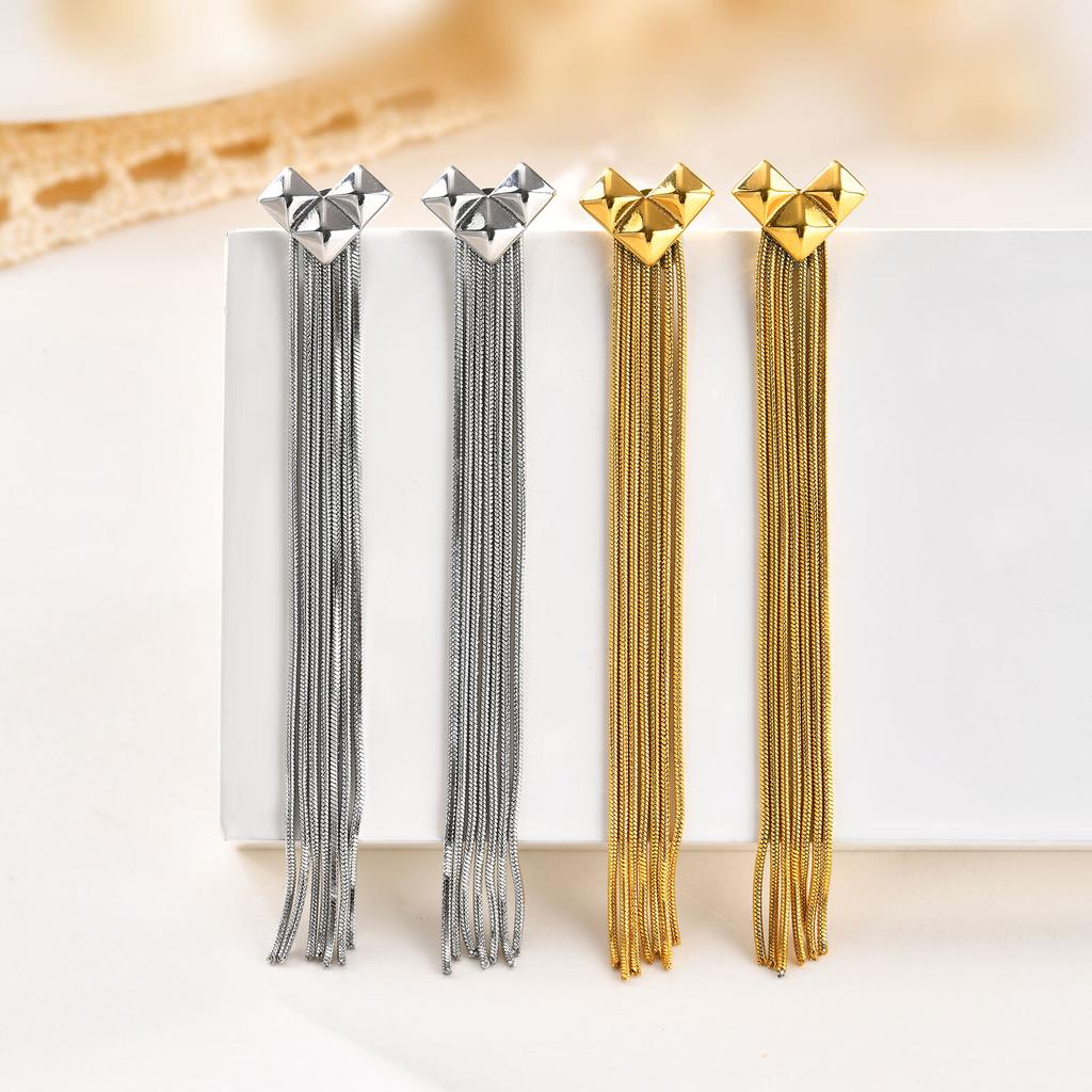 Stainless Steel Heart Long Tassel Drop Dangle Earring for Women, Prom Party Accessorie