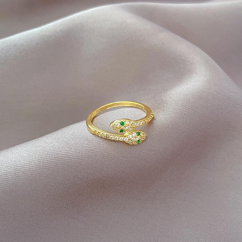 Real Gold Green Eyes Snake Ring Opening Adjustable Simple Jewelry Japanese Ring Couple Ring