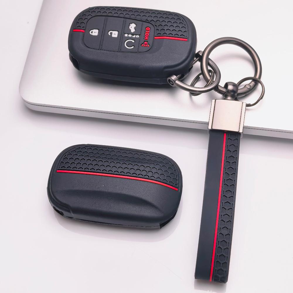 Silicone Car Key Fob Cover for Honda Civic Accord Inspire HRV CRV Pilot Odyssey ZR with Keychain Honeycomb Texture Racing Stripe Car Remote Key Sleeve