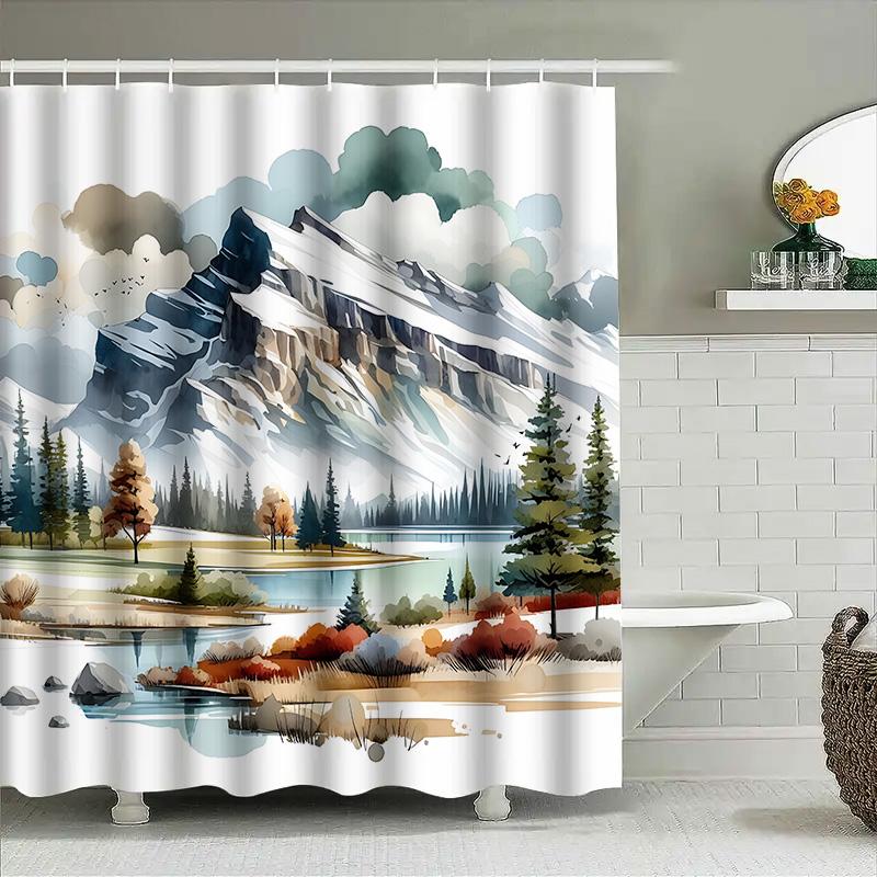 Watercolor Mountain Lake Shower Curtain Nature Landscape Art Bathroom Decor Waterproof With Complimentary Hook Elevate Space