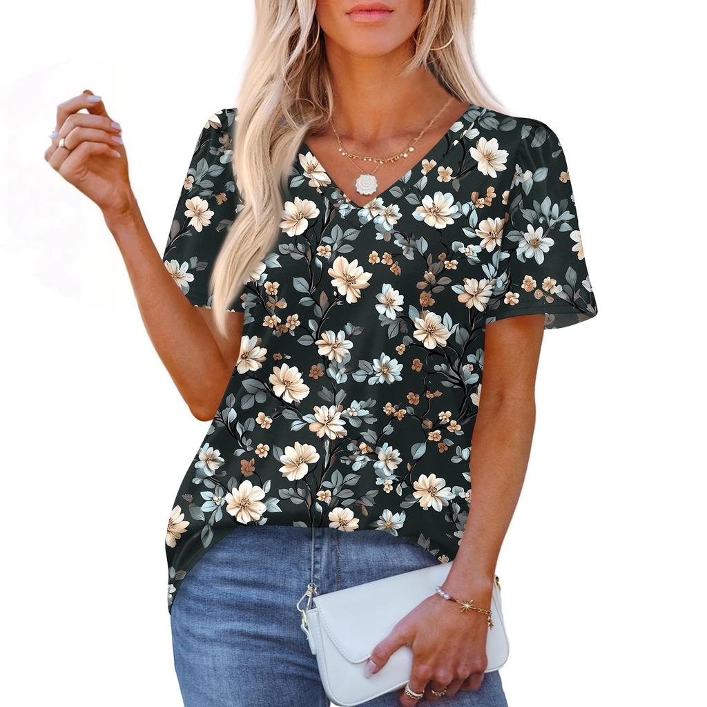 Damska Modna Codzienna Bluzka Pulower z Krótkim Rękawem z Nadrukiem i Dekoltem w Serek