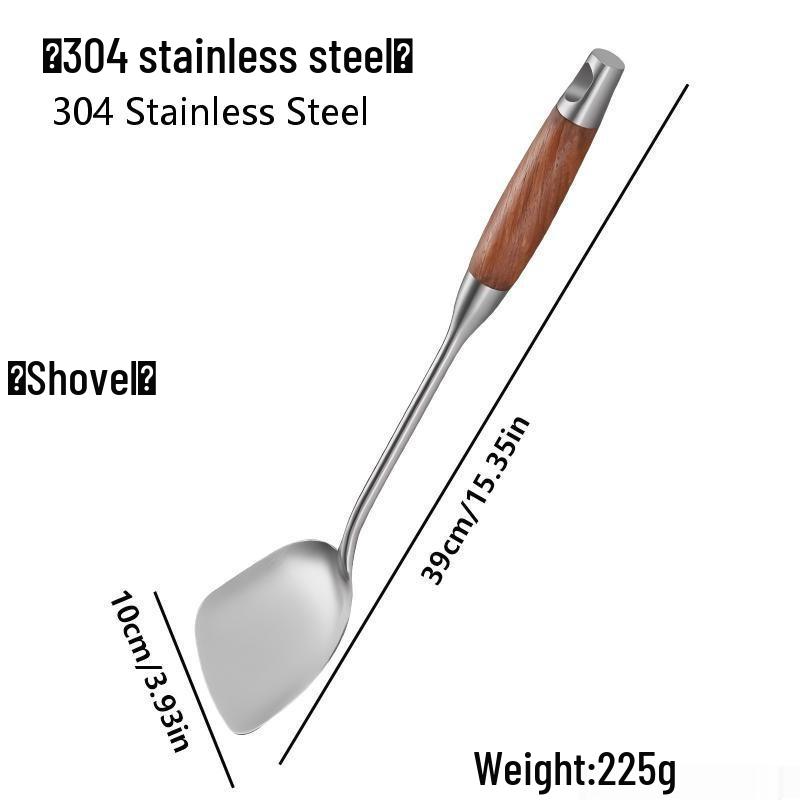 304 Stainless Steel & Wooden Handle Cookware Set: Spatula, Soup Ladle, Wok Spatula, Slotted Spoon, Iron Spatula for Stir-Fry & Frying Pan