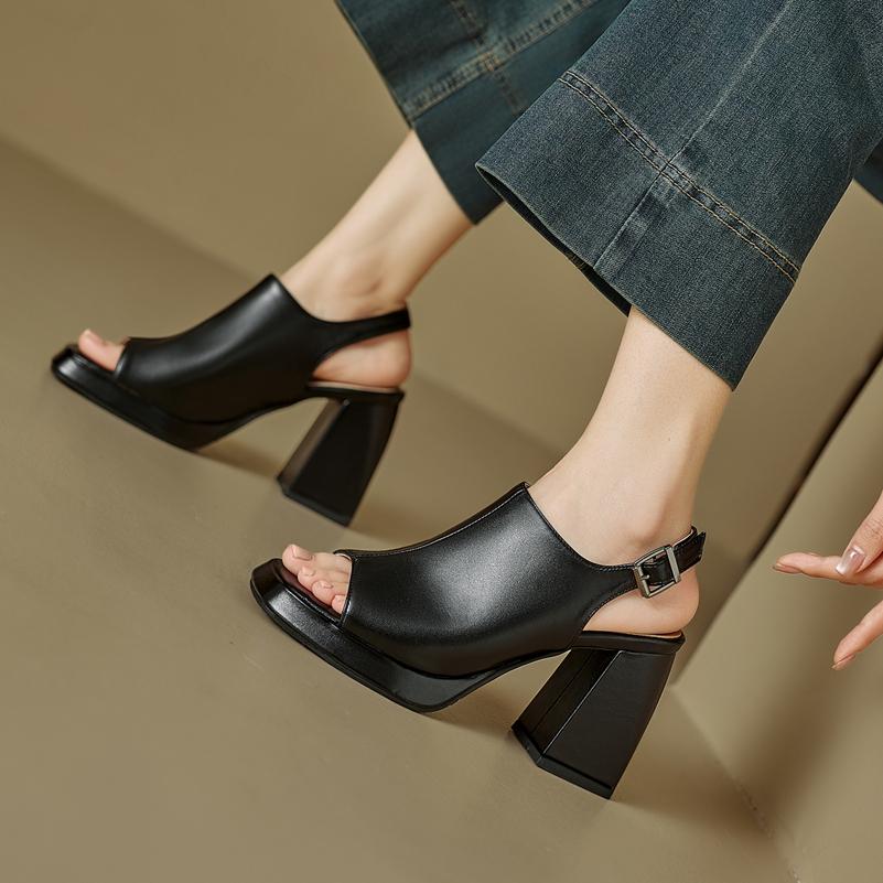 FOREADA Women Sandals Square Toe Chunky High Heels Buckle Platform Sexy Design Ladies Fashion Shoes Summer Silver 46