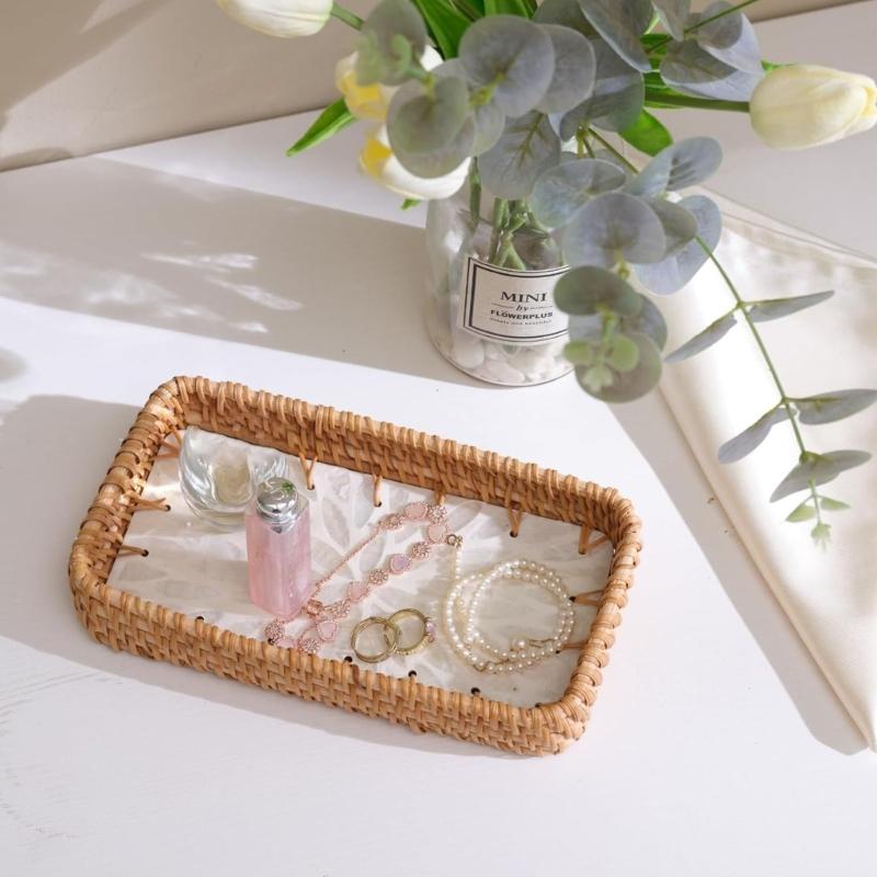 Elegant Rattan Jewelry Holder Decorative Serving Tray For Dresser Vanity Entryway Organize Accessories Watches Stylish Home Decors Gift