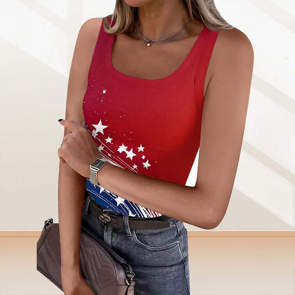 Women's Summer Fashionable Casual Independence Day Printed Round Neck Sleeveless Top Fitted Vest