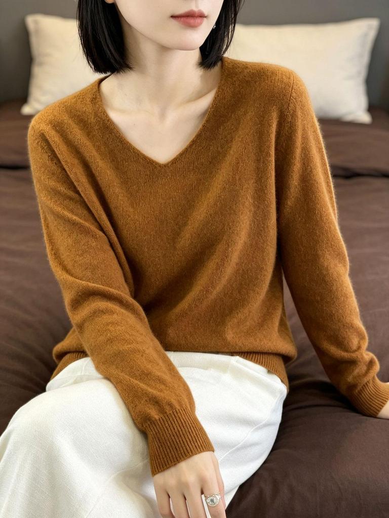 2026 Autumn/Winter 100% Wool Women's V-Neck Knit Sweater, Multi-Color Basic Top
