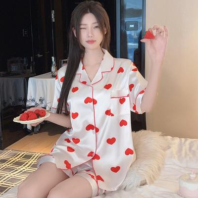 Light Luxury High-Value Love Ice Silk Sweet Pajamas Women'S Summer Short-Sleeved Suit Loungewear Can Be Worn Outside