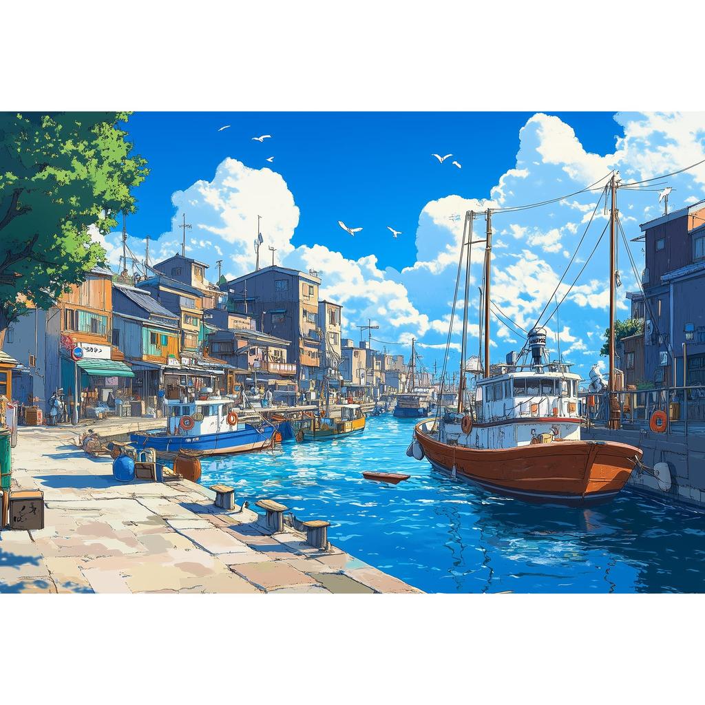 MISITU Micro Piece Jigsaw Puzzle, 1000 Pieces, Landscape Painting, Port Town, Market, Fishing Boats, City, Gift, Birthday, Anniversary, Christmas,