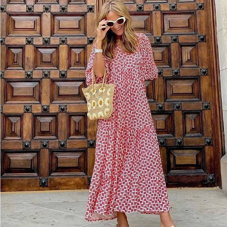 2023 Autumn New Independent Station Hot-selling Geometric Printing Bubble Sleeve Dress Street Fried Street Large Size Women's Clothing