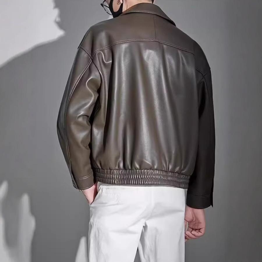 Spring and Autumn New Ruffian Handsome Lapel Leather Jacket Men's Trendy Casual Versatile Leather Jacket