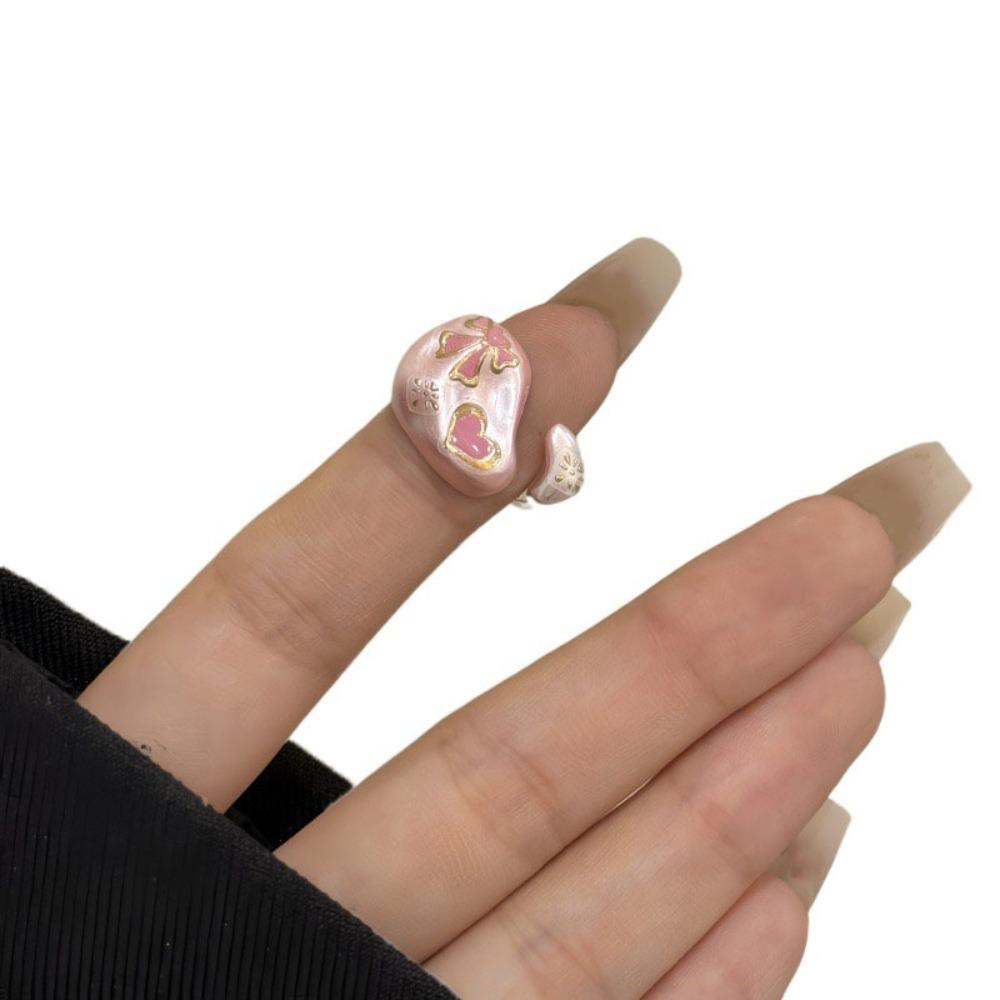 Cartoon Cat Enamel Drip Oil Ring Adjustable Cuff Ring Pink Opening Ring  Festival Ornaments