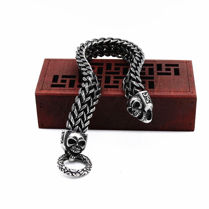 Punk Double Skull Bracelet For Men 316L Stainless Steel Heavy Shiny Skeleton Charm Mesh Chain Mens Bracelets Male Jewelry New