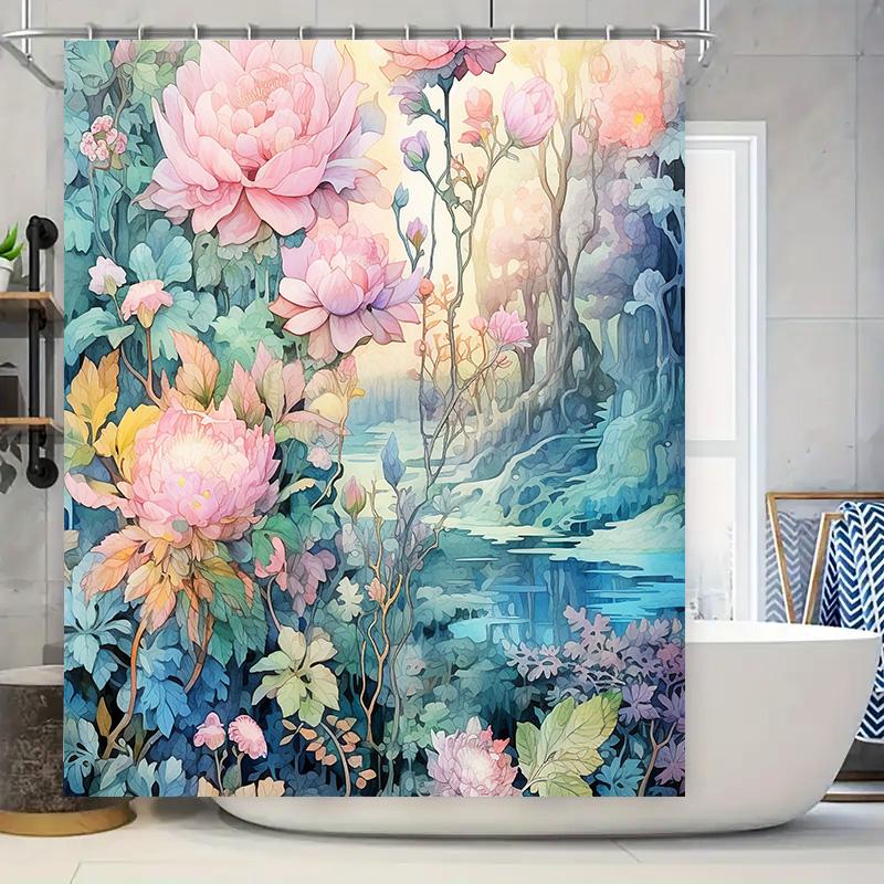 Luxurious Floral Shower Curtain Set Pink Peonies Mysterious Forest Design Waterproof Bathroom Decor for Home Decoration 90x180cm