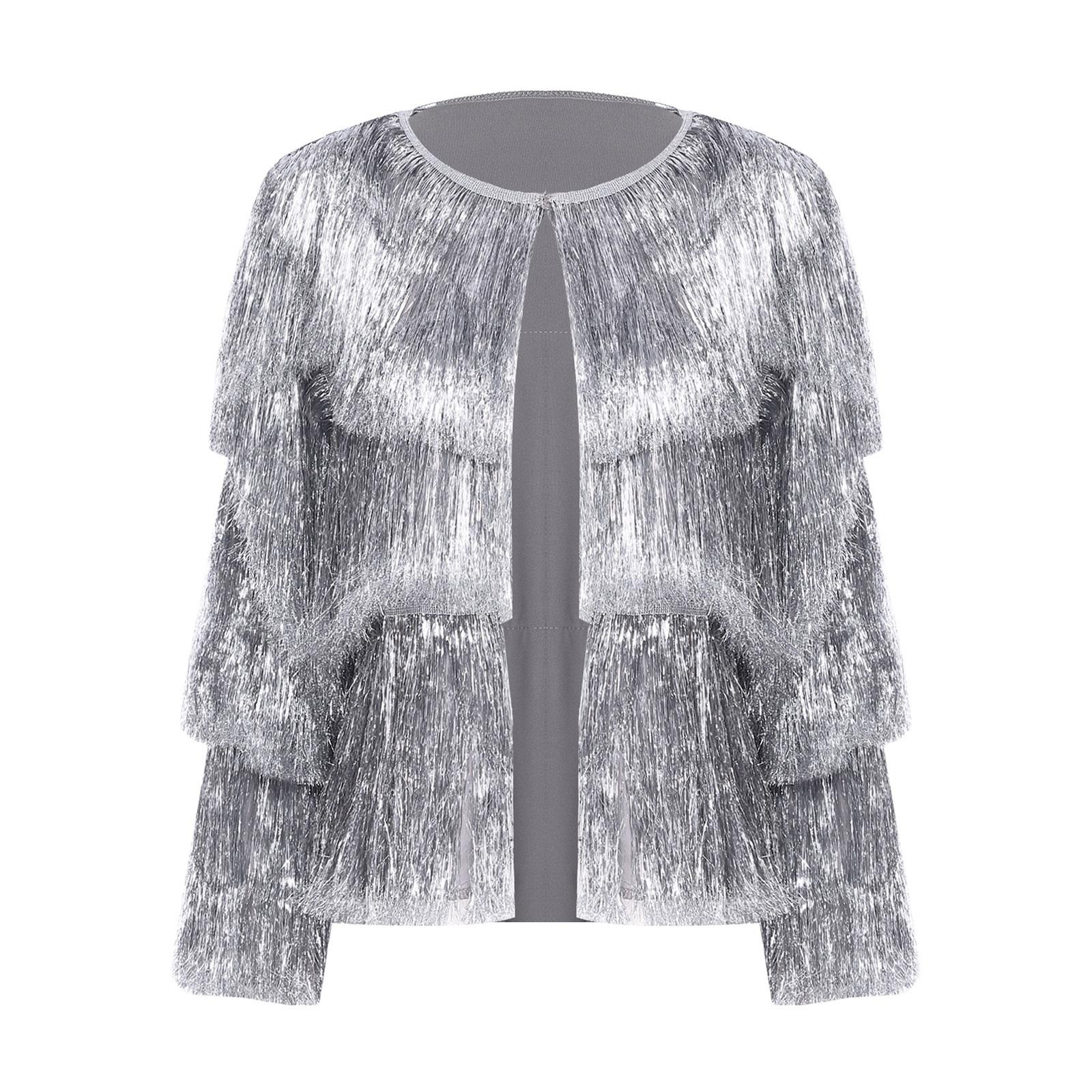 

Womens Shiny Tiered Tassels Open Front Long Sleeve Bomber Jacket XL срібний