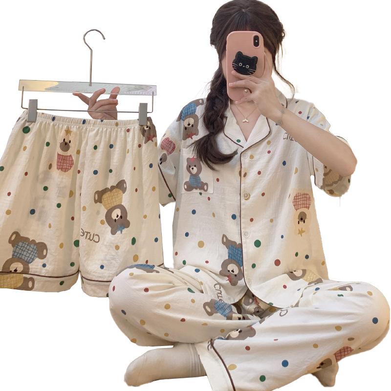 Cartoon Little Brown Bear Cloud Cotton Thin Pajamas Women'S Short-Sleeved Three-Piece Set Spring And Summer Soft Waxy Casual Loungewear