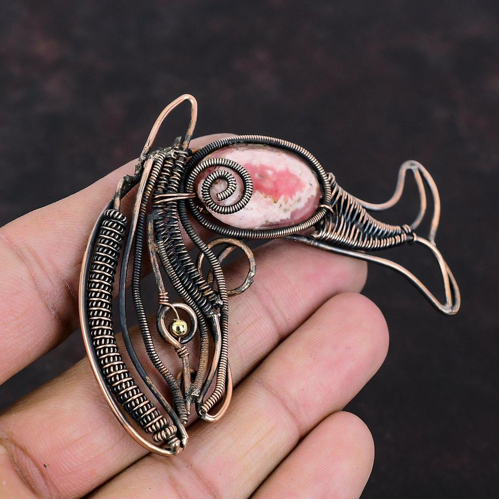 Rhodochrosite Pendant Copper Wire Wrapped Gemstone Pendant Wonderful Fish Pendant Unique Copper Design Jewelry Gift For Mom Handmade Jewelry
