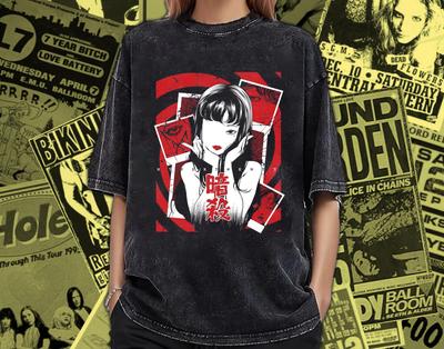 Vintage Washed Anime T-Shirt: Japanese Horror Manga Girl Art TJ004