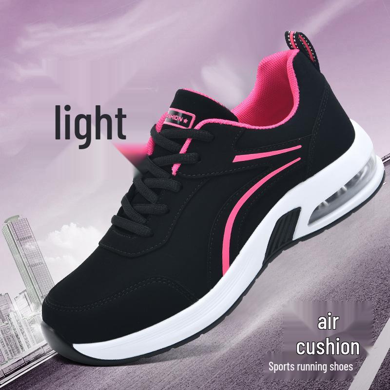 Women's Black Leather Air Cushion Sneakers: Autumn/Winter Casual, Thick Sole, Trendy Flat Heel Shoes
