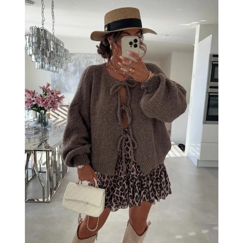 Solid Color O-neck Lace-up Knitted Cardigan Women Autumn Winter Streetwear Casual Simplicity Sweater Coats