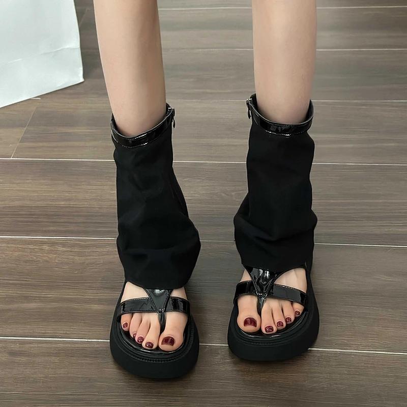 2025 Summer Women's Platform Ankle Boots Retro Thong Sandals with Side Zip Pull-On Design for Casual Outdoor & Daily Fashion
