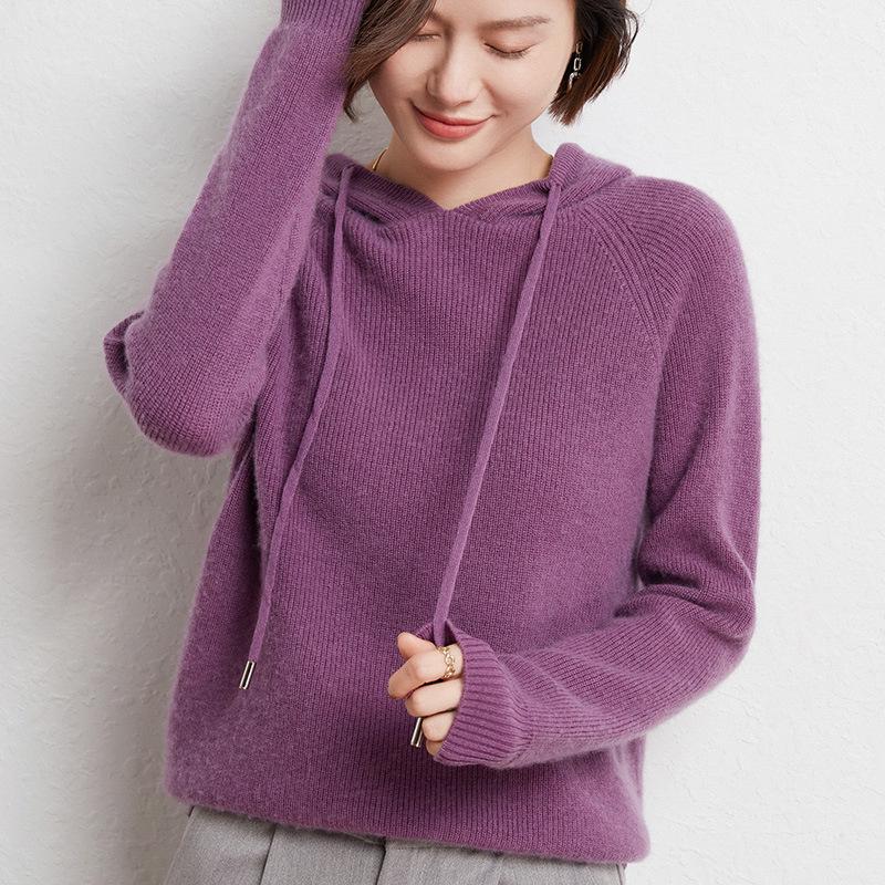 Women's Oversized Hooded Knit Sweater - Cozy Autumn/Winter Drawstring Pullover, Versatile Solid Color.