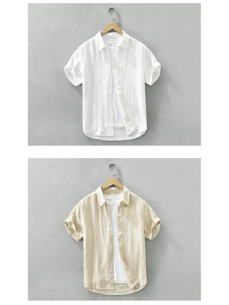 Summer Cotton Linen Short Sleeve Retro Casual Shirt with Turn-Down Collar
