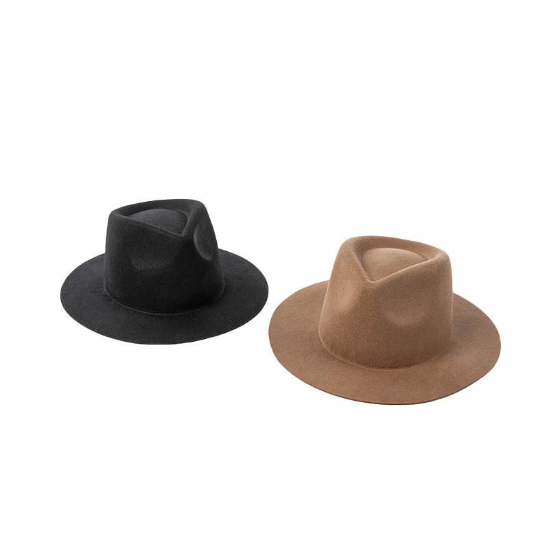 Europe, America autumn and winter new fashion leisure crown top short brim wool jazz hat outdoor shopping concave top hat