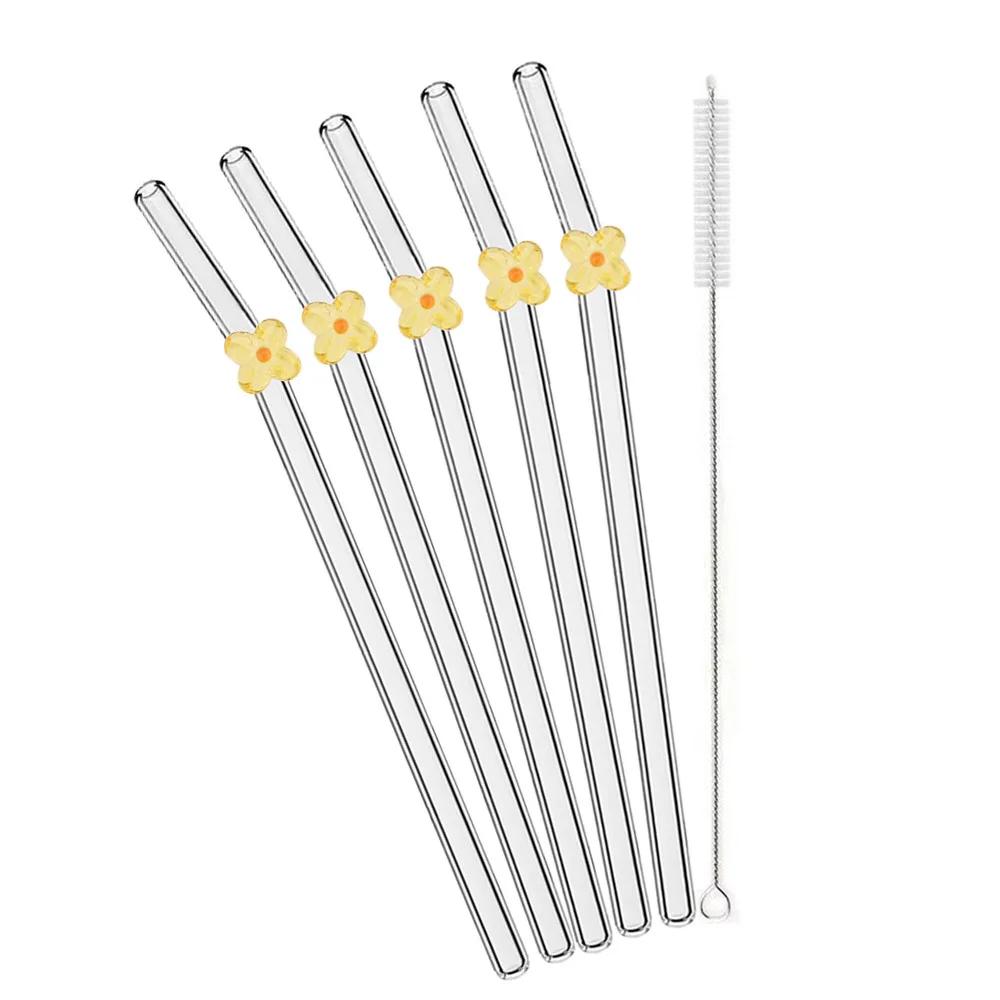 6Pcs Drinking Straw with Brush Set High Borosilicate Glass Flower Bent Straws Set Milk Coffee Shake Cocktail Straw Bar Drinkware