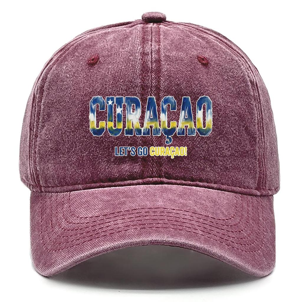 Snapback Baseball Cap With "CURACAO" "LETS'S GO CURACAO" Flag Printed , Adjustable Baseball Hat Retro Sporting Vintage Casual Dad Hat