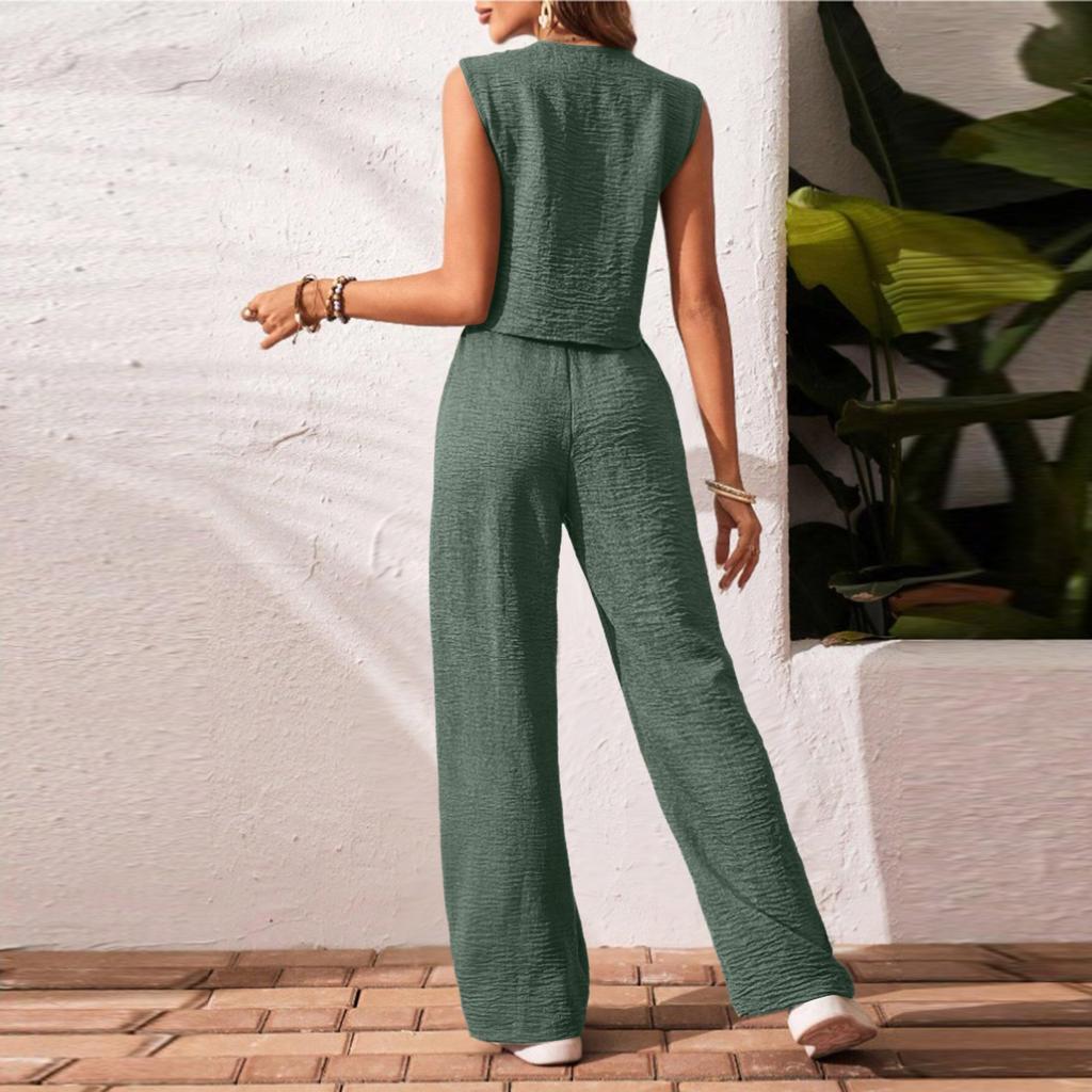 Women's Casual V-Neck Vest Linen-Cotton Blend Set