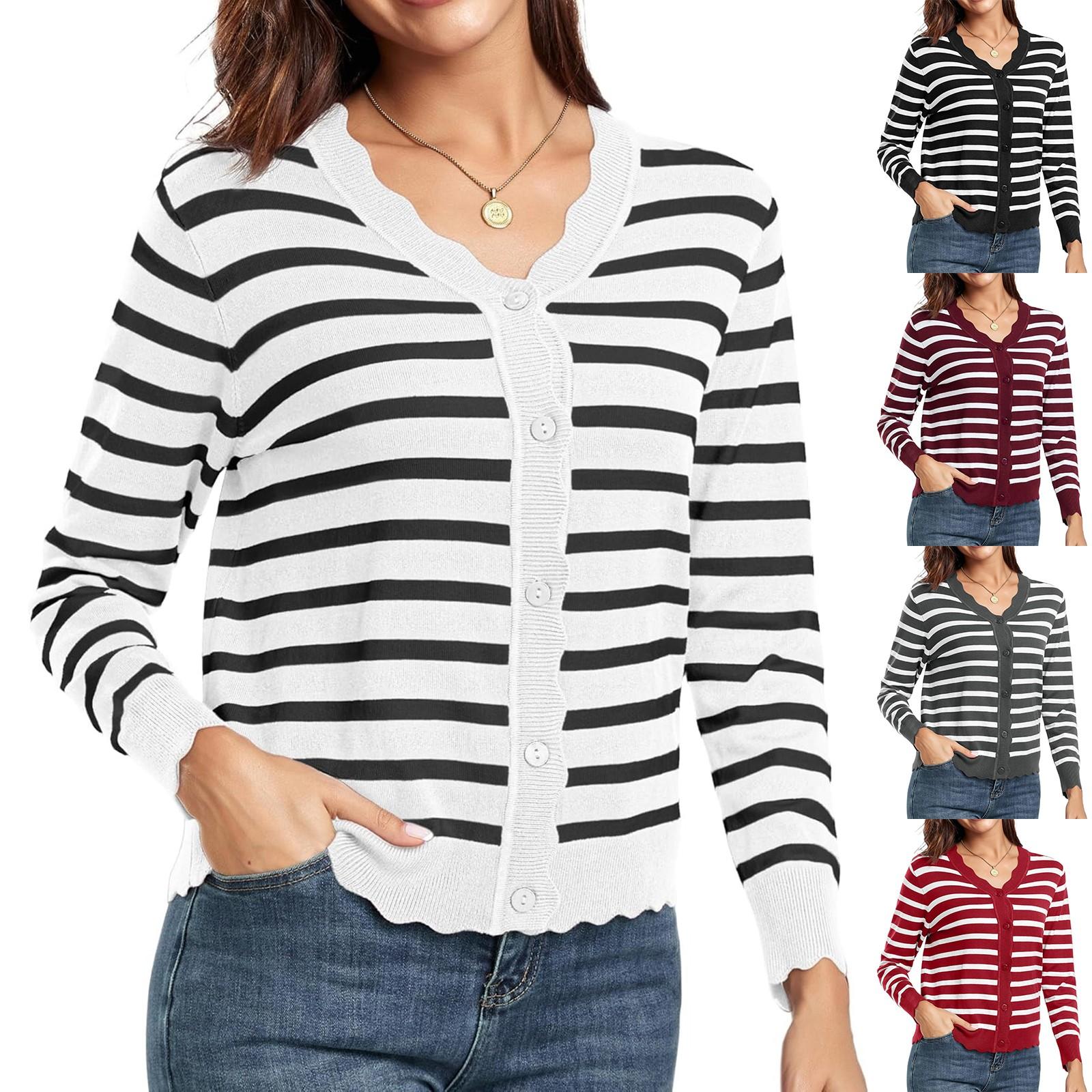 

Women s Fashion Wooden Ear Trim V-Neck Thin Knitted Cardigan Button Stripe Top S червоний