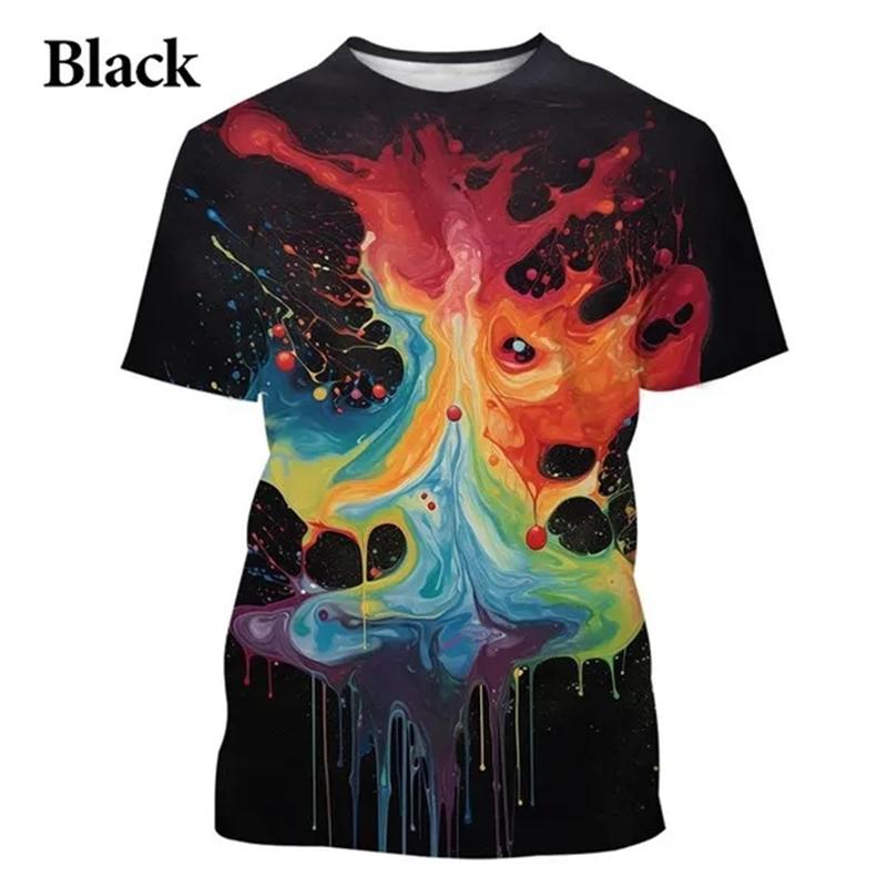 Camiseta colorida com estampa 3D de arco-íris e respingos de tinta para homens e mulheres, roupas da moda, camisetas, gola redonda, manga curta, camisetas