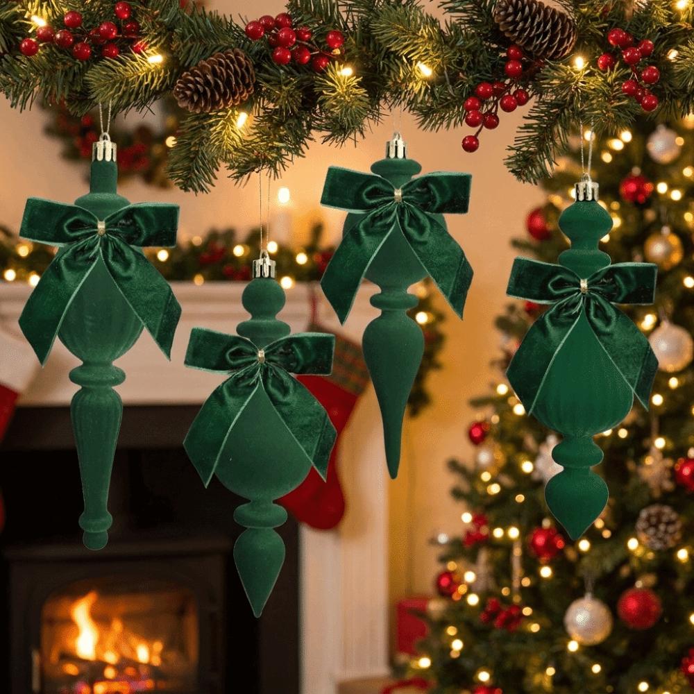 4 PCS/SET Irregular Cone Pendant Christmas Ornament Unique Flocking Hanging Xmas Tree Hanging Ornaments with Bow