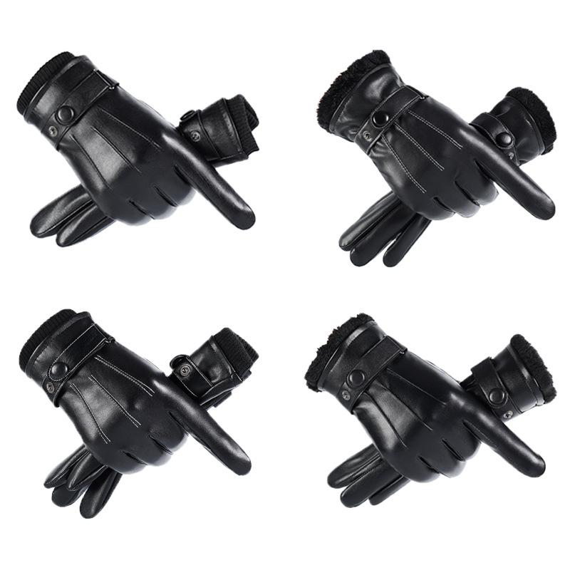 PU Three wire Wool Screw Mouth Three Wire Winter Plus Velvet Warm Arctic Velvet Thickened Gloves Riding Warm Touch Screen Men's Winter