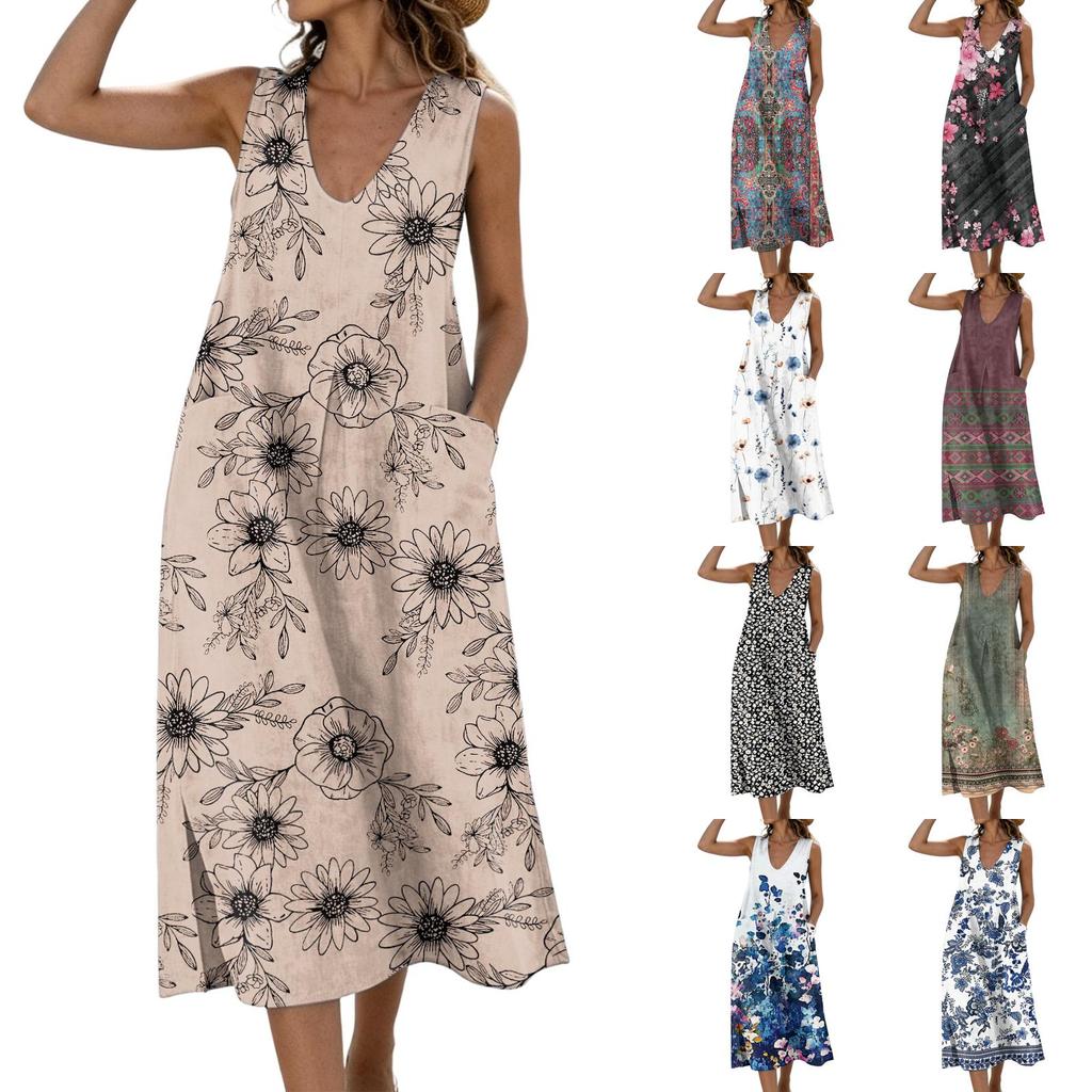 Women's Sleeveless U Neck Midi Dress with Pockets and Side Slits Cotton Linen Floral Print Casual Loose Fit Vest Dress