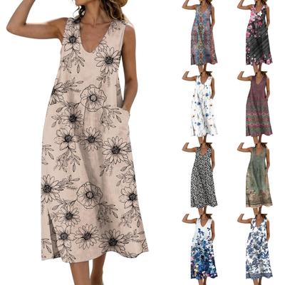 Rochie Midi Fără Mâneci cu Decolteu Rotund și Buzunare, cu Crăpături Laterale, Bumbac In Imprimeu Floral, Casual, Croială Largă, Rochie Tip Vesta