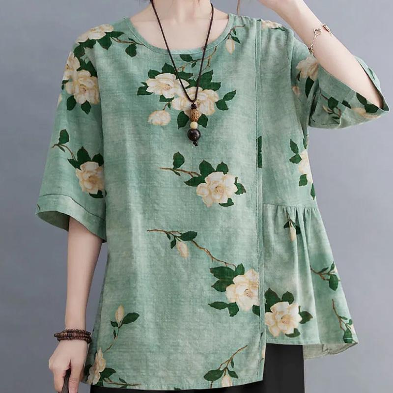 Women's Summer Round Neck Short Sleeve T-shirt Loose and Thin Casual Cotton Linen Graphic Shirt Leisure Blouse Tops
