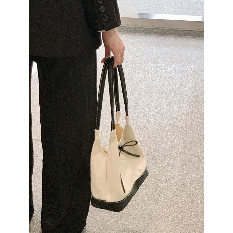 Korean Ins Canvas Bow Tote Bag Women's New High-end Niche Student Versatile One-shoulder Bucket