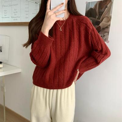 Top Layer Cable Knit Korean Round Neck Autumn Winter Lazy Style Ribbed Sweater Women