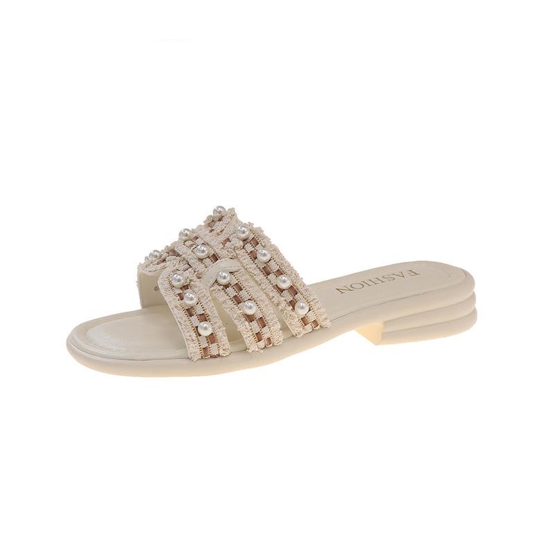 Summer new pearl slippers women's outerwear flat bottom one-word drag versatile beach sandals with skirt