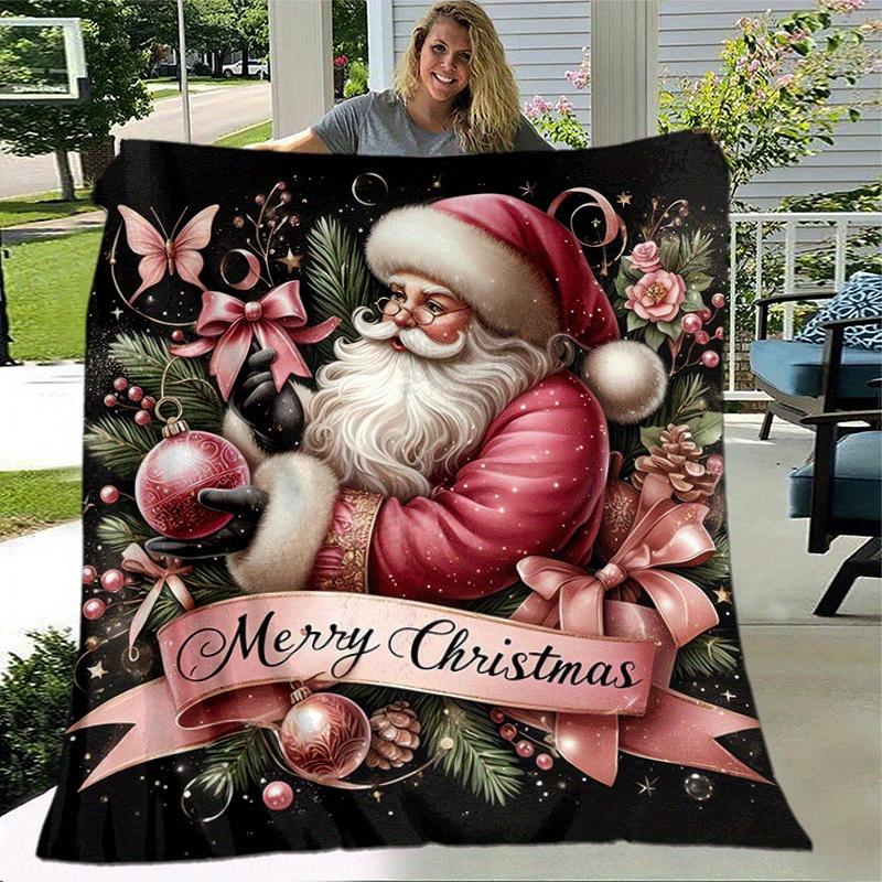 1pc Santa Claus Printing Lightweight Flannel Blanket, Comfortable and Warm Blanket, for Camping Sofa Bed and Couch Office, Gift Blankets In All